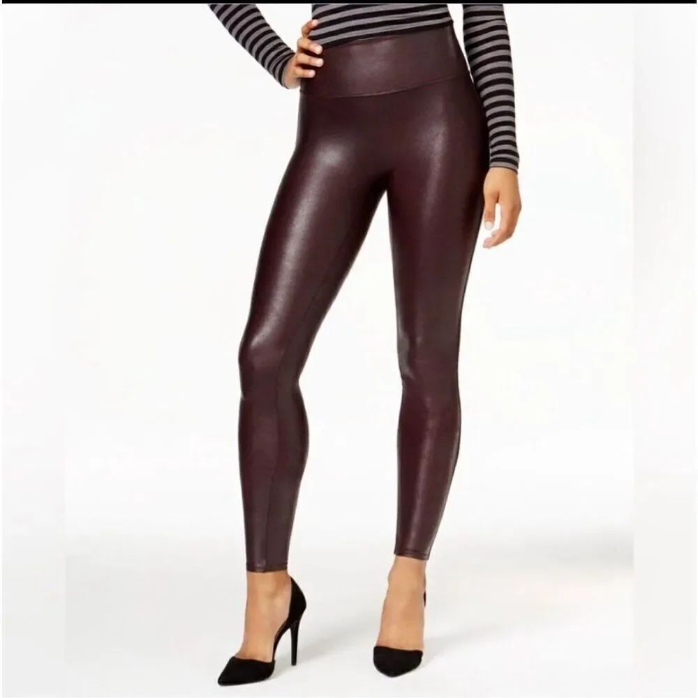 Spanx burgundy faux leather shapewear L slimming leggings